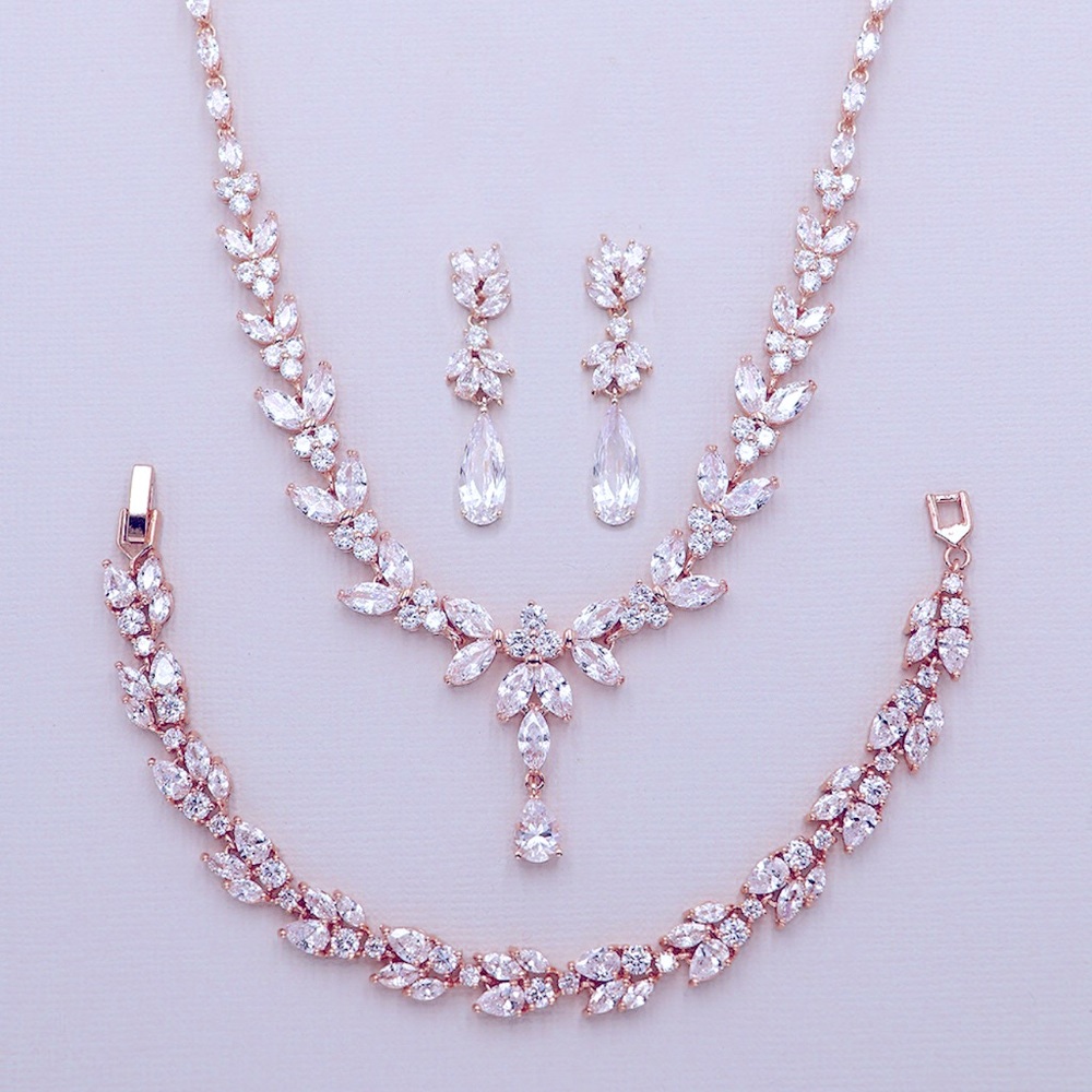 New Tear Drop Bridal Necklace Set, Rose Gold, Cubic Zirconia